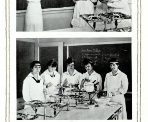 Two groups of women in white uniforms working in a kitchen, preparing food with various utensils and equipment.