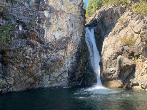A serene waterfall cascading down rocky cliffs into a clear pool surrounded by lush greenery.
