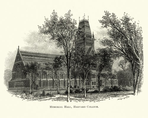 Illustration of Memorial Hall at Harvard College, featuring Gothic architecture and surrounding trees.