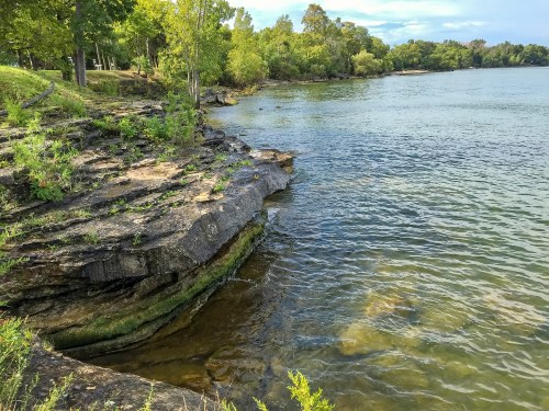 A rocky shoreline with lush greenery and calm water under a clear sky.