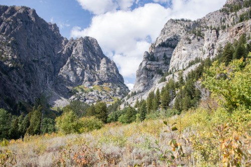 A scenic view of rugged mountains flanking a lush valley with trees and colorful foliage under a partly cloudy sky.
