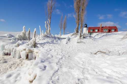 A snowy landscape with a red-roofed house and icy trees under a clear blue sky.