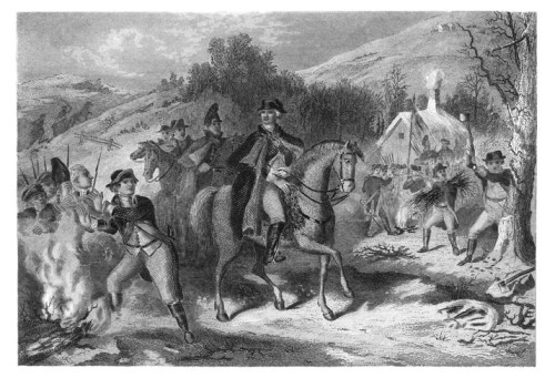 A historical scene depicting soldiers on horseback, with a leader in uniform, amidst a wooded landscape and a cabin.