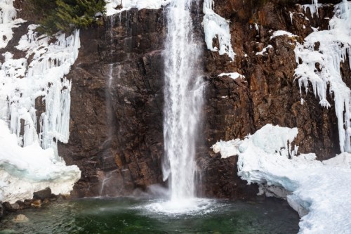A frozen waterfall cascading down rocky cliffs, surrounded by ice and snow, with a small pool at the base.