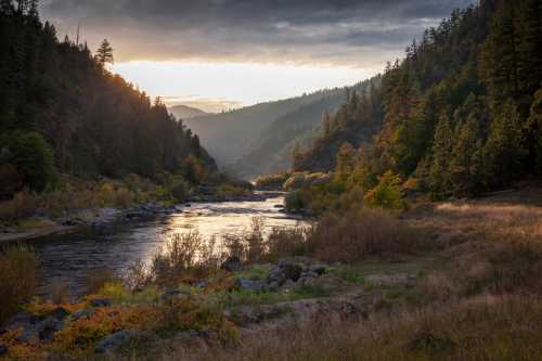 A serene river flows through a valley surrounded by mountains and trees, illuminated by a soft sunset glow.