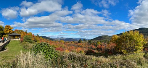A panoramic view of colorful autumn foliage under a blue sky with fluffy clouds, surrounded by mountains.