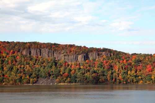 Vibrant autumn foliage on a rocky hillside overlooking a calm river under a partly cloudy sky.