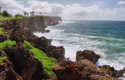 A rocky coastline with lush greenery, waves crashing against the shore under a partly cloudy sky.