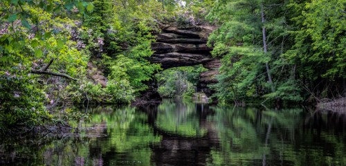 A serene river scene with a stone arch bridge surrounded by lush greenery and reflections in the water.