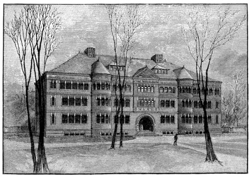 An illustrated historic building with multiple stories, towers, and trees in a barren landscape.