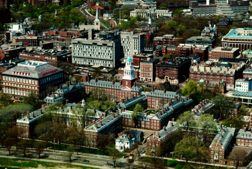 Aerial view of a university campus featuring historic buildings and green spaces.