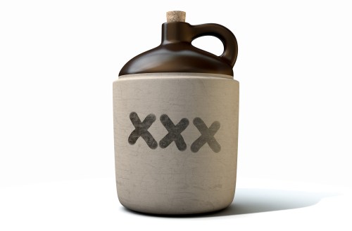 A ceramic jug with a cork stopper, featuring a large "XXX" label on its side.