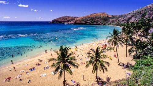 A sunny beach with golden sand, turquoise water, and palm trees, surrounded by hills and people enjoying the day.