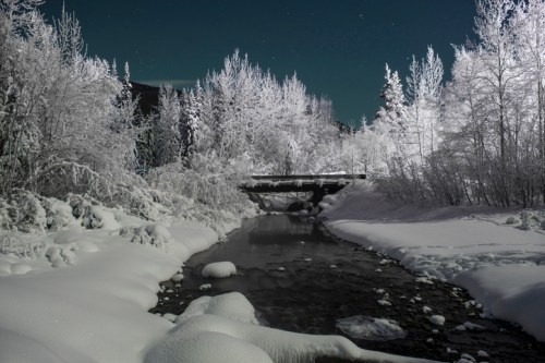 A serene winter landscape with a snow-covered river, frosted trees, and a bridge under a starry night sky.