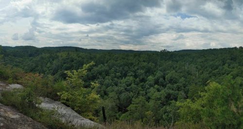 A panoramic view of lush green hills under a cloudy sky, with rocky outcrops in the foreground.