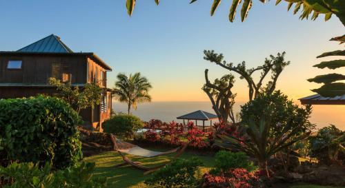 A serene garden with tropical plants, a hammock, and a wooden house overlooking a sunset by the ocean.
