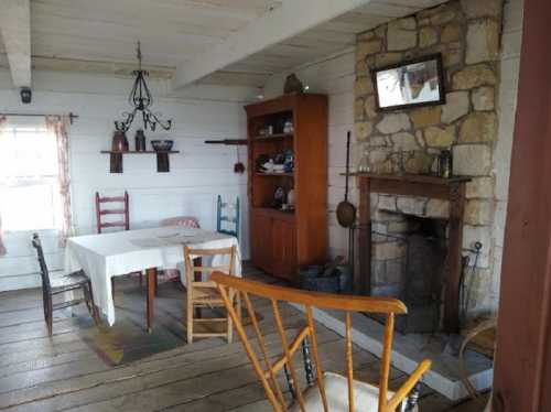 Cozy rustic interior featuring a wooden table, chairs, stone fireplace, and shelves with decorative items.