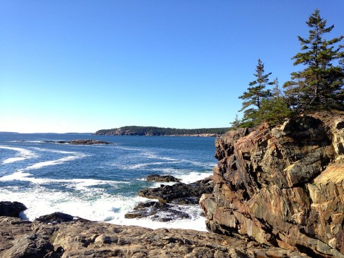 A rocky coastline with waves crashing against the shore, surrounded by trees and a clear blue sky.