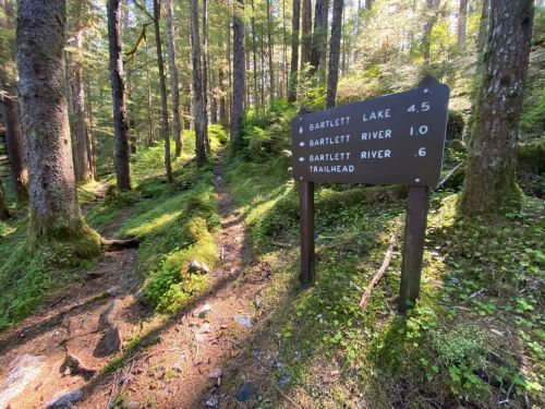 A wooden sign in a forest, indicating distances to Bartlett Lake, Bartlett River, and the trailhead.