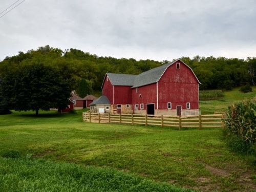 A red barn surrounded by green fields and trees under a cloudy sky. Fenced area with another building in the background.