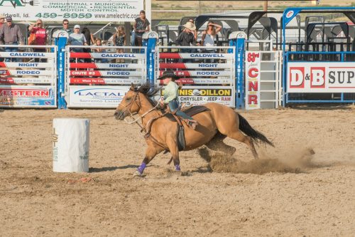 A rider on a horse races around a barrel in a rodeo arena, with spectators and colorful banners in the background.