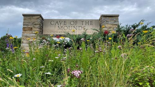 Sign for "Cave of the Mounds" surrounded by colorful wildflowers and greenery under a cloudy sky.