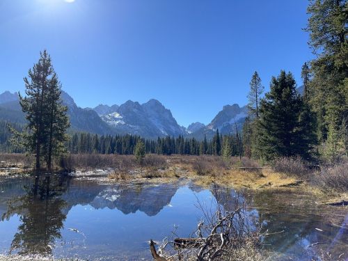A serene landscape featuring a clear blue sky, mountains, and a reflective pond surrounded by trees.