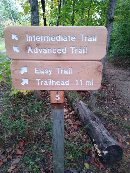 Wooden trail sign with arrows pointing to Intermediate, Advanced, and Easy Trails, and a Trailhead 1.1 miles away.