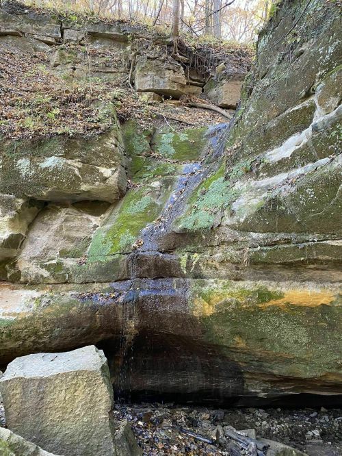 A rocky cliff with moss and a small waterfall cascading down into a dry creek bed.