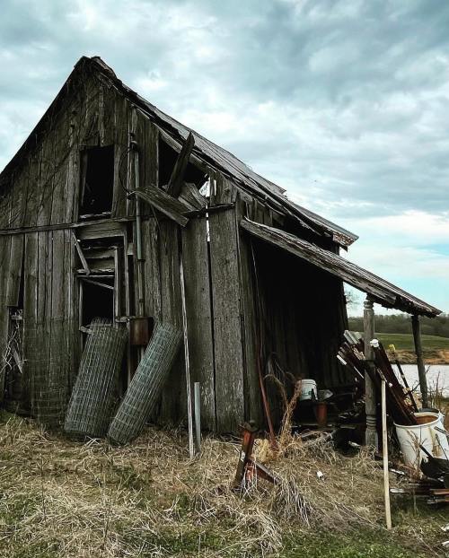 A weathered, dilapidated barn with a slanted roof, surrounded by overgrown grass and scattered tools.