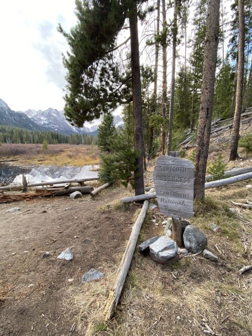 A wooden sign marks the entrance to Sawtooth Wilderness, surrounded by trees and a scenic landscape.