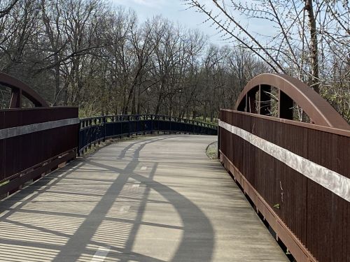 A winding pedestrian bridge surrounded by bare trees and a clear sky, casting shadows on the path.