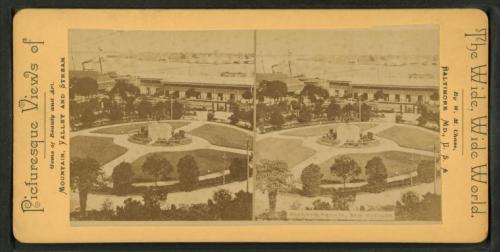 A vintage stereoscopic image showing a park with trees, a monument, and buildings in the background.