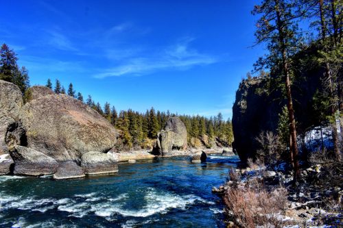 A serene river flows between large rocks, surrounded by lush trees under a clear blue sky.