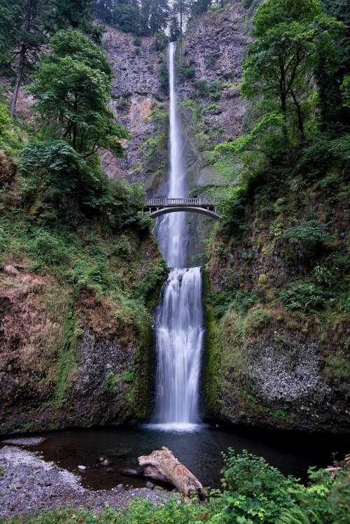 A stunning waterfall cascades down rocky cliffs, with a wooden bridge spanning above, surrounded by lush greenery.
