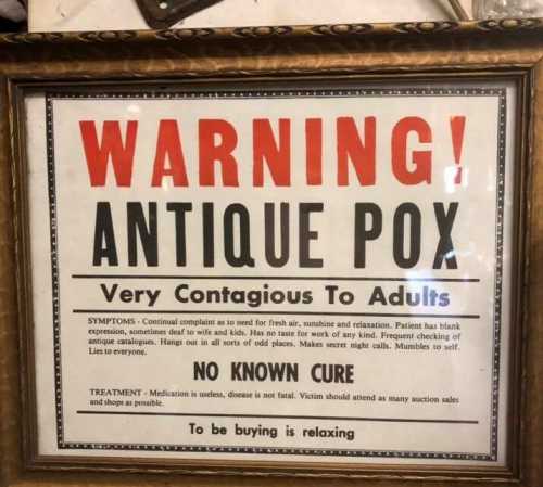 A framed sign warning about "Antique Pox," detailing symptoms, contagion, and lack of a known cure.