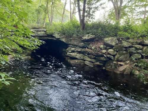 A serene stream flows under a stone bridge, surrounded by lush greenery and trees.