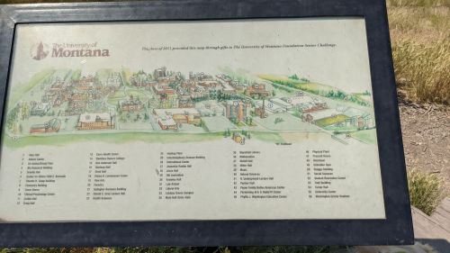 Map of the University of Montana campus, showing buildings and landmarks with a list of names and locations.