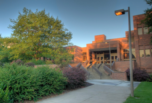 A brick building with large steps, surrounded by greenery and a lamp post, under a clear blue sky.