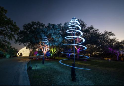 Colorful illuminated trees with spiral lights in a park at dusk, creating a festive atmosphere.