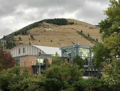 A modern building surrounded by trees, with a grassy hill and cloudy sky in the background.