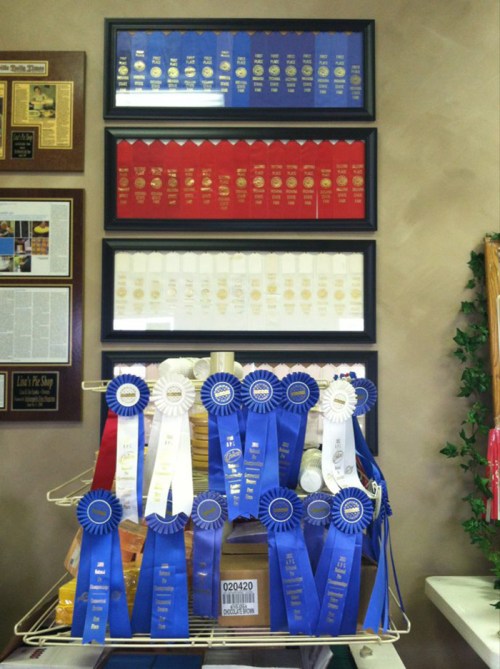 A display of various award ribbons in blue, red, and white, arranged on a wall and a rack.
