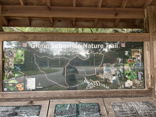 Map of Glenn Sebastian Nature Trail with images of local flora and fauna displayed on a wooden information board.