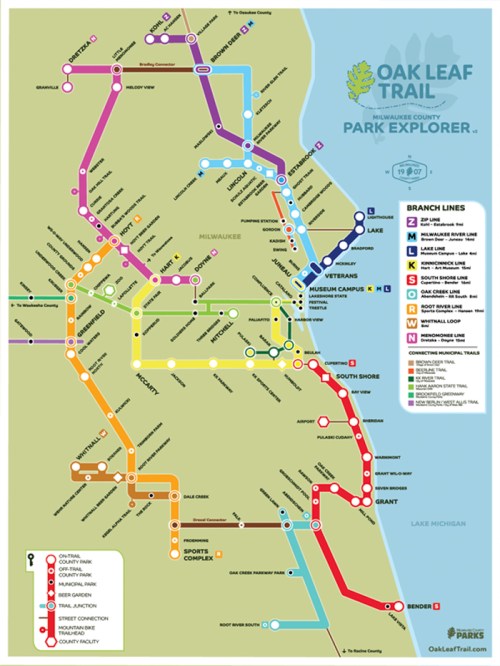 Map of the Oak Leaf Trail in Milwaukee County, showing various branch lines and park connections.