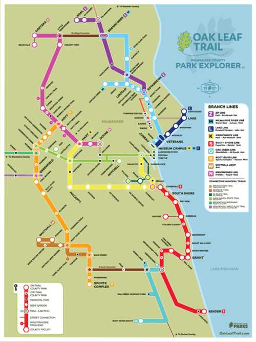 Map of the Oak Leaf Trail in Milwaukee County, showing various branch lines and park connections.