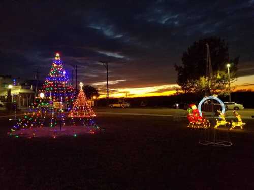 Colorful Christmas lights decorate trees and a sleigh against a vibrant sunset sky.