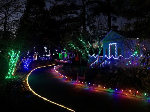 A winding path illuminated by colorful holiday lights, leading to a cozy house surrounded by festive decorations.