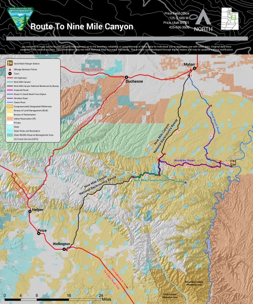 Map showing the route to Nine Mile Canyon, highlighting roads, landmarks, and natural features in the area.
