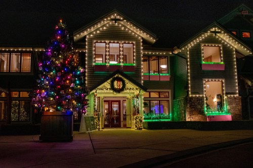 A festive building adorned with colorful Christmas lights and a decorated tree in front, glowing at night.