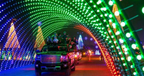 A festive scene with colorful lights forming an arch over a truck, surrounded by illuminated trees and holiday decorations.
